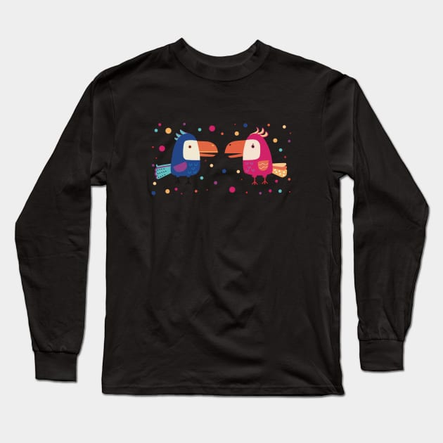 The Two colorful funny parrots meeting for a gossip surrounded with dots in many colors Long Sleeve T-Shirt by marina63